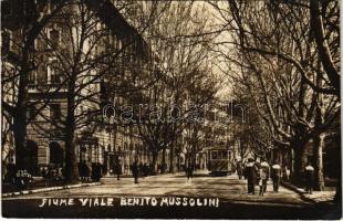 1927 Fiume, Rijeka; Viale Benito Mussolini, Farmacia Dr. Budak / utca, villamos, gyógyszertár, szabadnapos matrózok / street and tram, pharmacy, mariners. photo (fa)