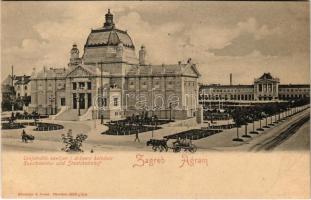 Zagreb, Zágráb; Umjetnicki paviljon i drzavni kolodvor / Kunstpavillon und Staatsbahnhof / vasútállomás és Művészetek palotája / railway station and Palace of Art