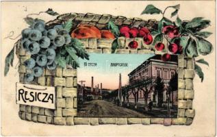 1916 Resica, Resita; Fő utca, gyár. Braumüller L. kiadása, szecessziós montázs gyümölcskosárral / Hauptgasse / main street, factory. Art Nouveau montage with furit basket