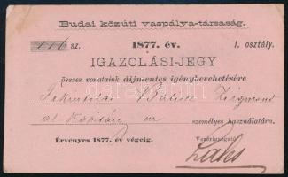 1877 Budai közúti vaspályatársaság igazolási jegy díjmentes utazásra