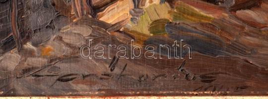 Olvashatatlan jelzéssel: Napos udvar, 1945. Olaj, fa. Dekoratív, kissé sérült fakeretben, hátoldalán...