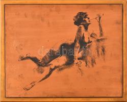 Fekvő női akt falikép, nyomat fém lapon, jelzés nélkül, fára ragasztva. 27,5x34,5 cm