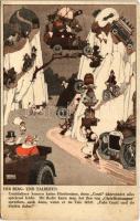 Der Berg- und Talreifen. Die Entwicklung des Continental-Reifens Bild 8. / Humorous serie of the development of the Continental automobile tire / Humoros képeslap sorozat a Continental autógumi (gumiabroncs) fejlesztéséről s: W. Heath Robinson