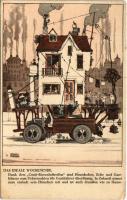 Das Ideale Wochenende. Die Entwicklung des Continental-Reifens Bild 5. / Humorous serie of the development of the Continental automobile tire / Humoros képeslap sorozat a Continental autógumi (gumiabroncs) fejlesztéséről s: W. Heath Robinson (EK)