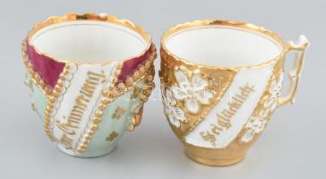 2db antik teáscsésze, jelzés nélkül, szép állapotban, egyik brokát arannyal díszítve, feltehetően né...