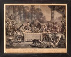 Jean-François de Troy (1679-1752) után, Jacques-Firmin Beauvarlet (1731-1797) metszése: Eszter és Ahasvérus (Repas donné par Esther a Assuérus). Rézmetszet, papír. Jelzett a metszeten. Hátoldalán Szépművészeti Múzeum 694/79 sz. bírálati címkéjével. Lapszéli javított sérülésekkel, lap alja foltos. Üvegezett fakeretben. 48×60 cm