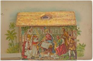 1907 Boldog karácsonyi ünnepeket! Kinyitható litho térhatású üdvözlőlap / New Year greeting, pop-up ...