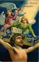 1910 Boldog húsvéti ünnepeket! / Easter greeting art postcard with angels and Jesus on the Cross. Emb. litho