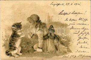 1901 Girl with cat. W.N.B. Emb. litho