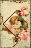 1903 Children art postcard. Art Nouveau, floral, Emb. litho (lyuk / pinhole)