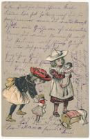1903 Children art postcard, girls with dolls. Emb. litho (ázott / wet damage)
