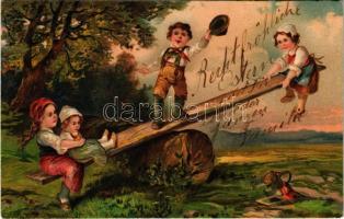 1907 Children art postcard, seesaw. Emb. litho (lyuk / pinhole)