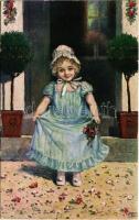 1907 Children art postcard, girl with flowers (EK)