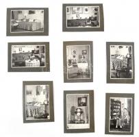 Régi lakásbelsők, bútorok, 8 db kartonra ragasztott fotó, 6×9 cm