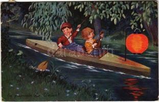 Es murmeln die Wellen! / Children art postcard, rowing boat. WSSB 9661/2. (EK)