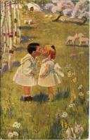 Frühling / Children art postcard, kiss. M.J.S. 09. s: Sigsbee (EK)