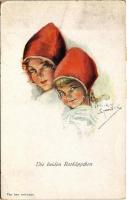1927 Die beiden Rotkäppchen / The two red-caps Children art postcard s: Chicky Spark (EB)