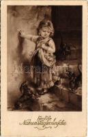 1929 Herzliche Namenstagswünsche / Name Day greeting art postcard, girl with Dachshund dogs (EK)