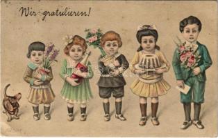 1912 Wir gratulieren! / Children art postcard with Dachshund dog s: Heisler (EK)