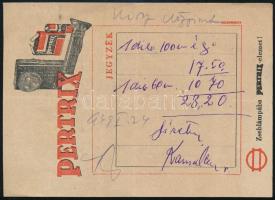 cca 1940 Pertrix zseblámpa reklám jegyzék / számolócédula, 14x10,5 cm
