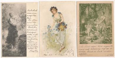35 db RÉGI hosszú címzéses hölgy motívum képeslap vegyes minőségben / 35 pre-1910 lady motive postcards in mixed quality
