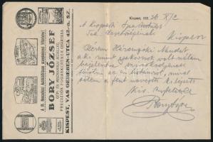 1936 Kispest, Bory József gép- és mechanikai műhelyének fejléces papírja, rajta Bory Ágnes a Kispesti Ipartestületnek címzett, saját kezű levele