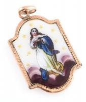 14K arany (Au) keretben porcelán Szűz Mária kép. nyakláncra akasztható medál 25 mm