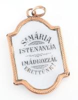 14K arany (Au) keretben porcelán Szűz Mária kép. nyakláncra akasztható medál 25 mm