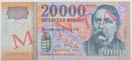 2009. 20.000Ft MINTA felülnyomással, alacsony GA 0000093 sorszámmal T:I / Hungary 2009. 20.000 Forint with MINTA (SPECIMEN) overprint and low GA 0000093 serial number Adamo F59F