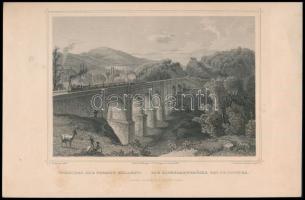 Ludwig Rohbock (1820-1883): Vaspályai híd Pozsony mellett/ Die Eisenbahnbrücke bei Pressburg, acélmetszet, jelzett a metszeten, kissé foltos, 13x17 cm