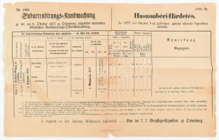 1877 Sopron, haszonbéri hirdetés (Subarrendirungs-Kundmachung) a cs. és kir. katona élelmezési raktártól, kétnyelvű, szakadásokkal, ragasztott, 47x30 cm