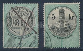 1876 3kr és 5kr okmánybélyeg a forintos értékek vízjelével / 2 fiscal stamps with watermark of the higher denominations