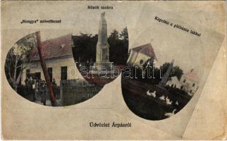 1927 Árpás, Hősök szobra, kápolna és plébánia lak, Hangya szövetkezet üzlete. Szeim Árpád fényképész kiadása