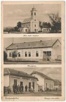 1943 Ipolyszakállos, Sakálos, Ipelsky Sokolec; Római katolikus templom, Községháza, Hanza (Hangya) Szövetkezet üzlete és vendéglője, étterem / Catholic church, town hall, cooperative shop and restaurant, inn (kopott sarok / worn corner)