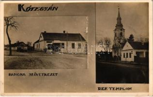 1934 Kötegyán (Békés), Református templom, Hangya szövetkezet üzlete és saját kiadása, automobil (fl)
