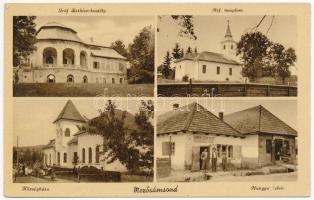 1942 Mezősámsond, Sincai; Gróf Bethlen kastély, református templom, községháza, Hangya szövetkezet üzlete és kiadása / castle, church, town hall, cooperative shop + "POSTAI ÜGYN"