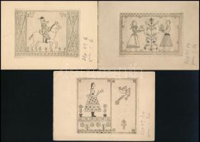 5 db népművészeti témájú, színezett rézkarc képeslap Vajna György kiadásában, / 5 Etchings on used postcards 15x10 cm