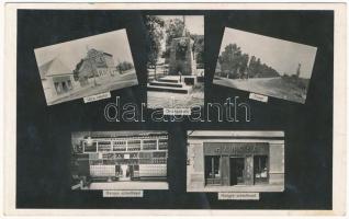 1943 Pacsér, Pacir; utca, országzászló, Fasor, Hangya szövetkezete üzlete és belseje. Molnár Megyeri istván fényképész kiadása / street, Hungarian country flag, promenade, cooperative shop interior (fl)