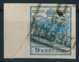 1850 9kr kék HP IIIb bélyeg óriási, 11,5 mm-es bal oldali ívszéllel, papírránccal / blue HP IIIb, with large 11,5 mm margin and paper crease &quot;PESTH&quot; Signed: Ferchenbauer. Certificate: Steiner