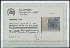 1850 9kr kék HP IIIb bélyeg óriási, 11,5 mm-es bal oldali ívszéllel, papírránccal / blue HP IIIb, wi...