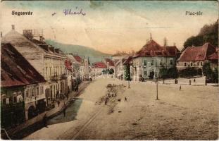 1917 Segesvár, Schässburg, Sighisoara; Piactér, üzletek. Vasúti levelezőlapárusítás 2976. / market square, shops + "K.u.K. Bahnhofkommando in Predeal" (fa)