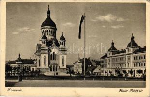 1941 Kolozsvár, Cluj; Hitler Adolf tér, Országzászló / Hitler Square, Hungarian flag (EK)