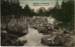 1915 Kárpátalja, Üdvözlet a Kárpátokból! fahíd / Gruss von den Karpaten / Zakarpattia Oblast / Transcarpathian wooden bridge (EK)