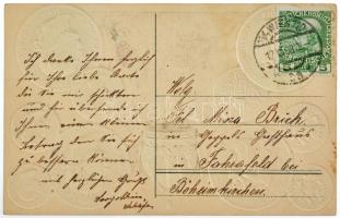 Osztrák-Magyar pénzérméket és Ferenc Józsefet ábrázoló osztrák kiadású képeslap, ezüstözött és arany...