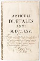 1765 Articuli Diaetales Anni M. DCC. LXV. Az országgyűlésen hozott törvények hivatalos, aláírt leirata Moson vármegye részére Esterházy Ferenc (1715-1785) kancellár autográf aláírásával. 40 p Jó állapotú felzetes viaszpecséttel