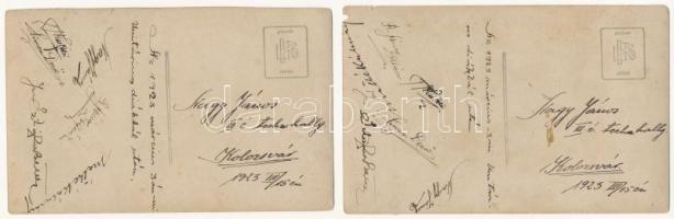 1923 Kolozsvár, Cluj; Március 3-i unitárius diákbál után, mulatozó diákok csoportképe zenészekkel és...