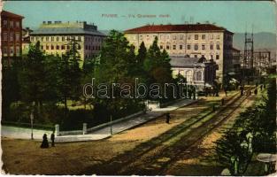 1916 Fiume, Rijeka; Via Giuseppe Verdi / street view, tram + "K.u.K. Inf. Baon II. 52. 7. Feldkomp" "Mészáros János hadapród II/52. zászlóalj Tábori posta 230" (EK)