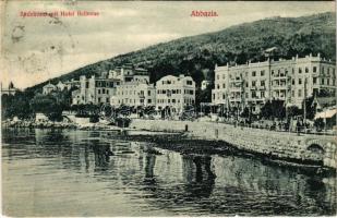 Abbazia, Opatija; Südstrand mit Hotel Bellevue / Bellevue szálloda. DIvald Károly műintézete 1089/a-1908. / hotel (szakadás / tear)