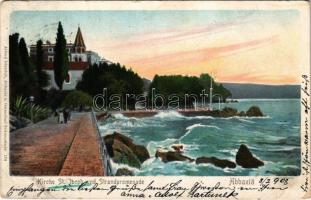 1908 Abbazia, Opatija; Kirche St. Jacob und Strandpromenade / church, coast (lyukak / pinholes)