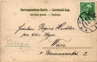 1908 Abbazia, Opatija; Kirche St. Jacob und Strandpromenade / church, coast (lyukak / pinholes)